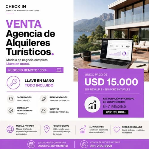 Venta llave en mano agencia de propiedades de alq turistico negocio remoto online arg y exterior